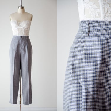 high waisted pants | 80s 90s plus size vintage Lee Casuals gray green navy houndstooth plaid checkered pleated dark academia cotton trousers 