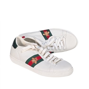 Gucci - White Leather Sneakers w/ Signature Bee and Stripe Detail Sz 9