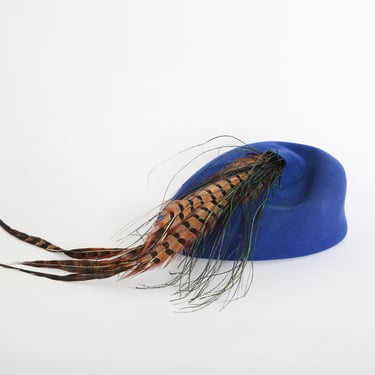 40s Blue wool Feather Hat | Vintage 1940s Geo w Bollman blue hat 