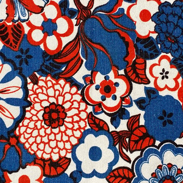 Vintage 1960s Floral Linen Fabric, 60s Red White and Blue Belgian Screen Printed Upholstery Yardage by Gabrielle Cie, 42