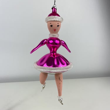 Vintage De Carlini "Made in Italy" Blown Glass Figural Christmas Ornament, Lady Ice Skater in Pink/Purple Outfit Figural Ice Skater Ornament 