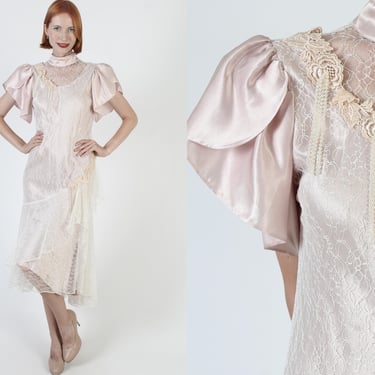 Cachet Dress by Bari Protas, Shiny Victorian Style Taupe Lace, Pearl Trim Hilo Fishtail Wedding Gown 