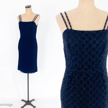 1950s Black Ribbon Lace Party Dress | 50s Black Spaghetti Strap Sheath | Black Wiggle Dress | Small 