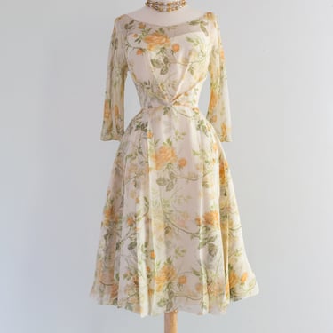 Gorgeous 1962 Silk Chiffon Peach Rose Print Cocktail Dress / ML