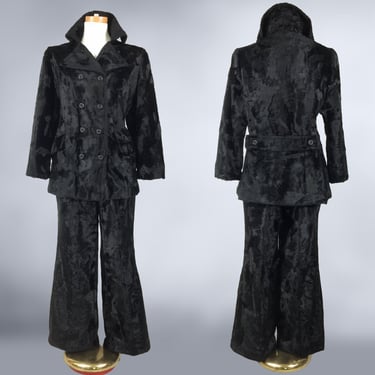 VINTAGE 60s Black Faux Fur Coat and Pants Set 2 Piece Suit | 1960s Broadtail Lamb Stand Up Wired Collar Peacoat & Wide Leg Pantsuit | VFG 