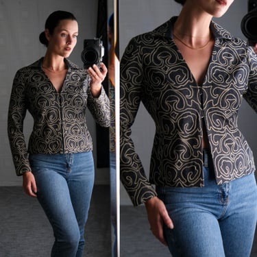 Vintage Anne Klein Chainstitch & Micro Beaded Dark Wash Denim Bolero Jacket w/ Hidden Clasp | 100% Cotton | Y2K 2000s Designer Jean Jacket 