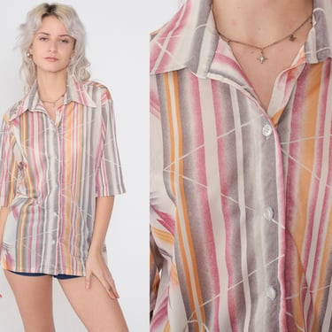 Abstract Striped Shirt 70s Button up Blouse Short Sleeve Pointed Dagger Collar Top Retro Collared Statement Disco Loud Vintage 1970s Large L 