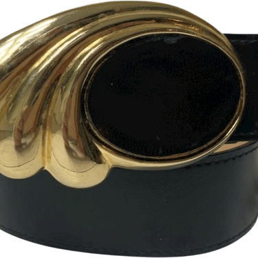 80s Black Leather Gold Swirl Glam Belt By Motion East