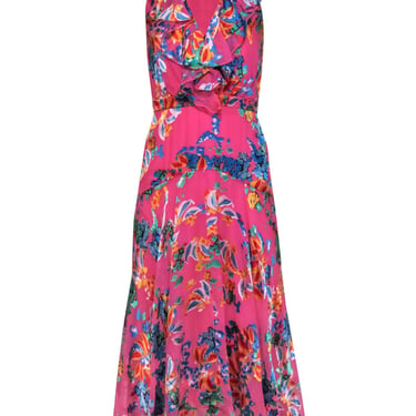 Saloni - Pink & Multicolor Textured Floral Print Ruffled "Rita" Maxi Dress Sz 2