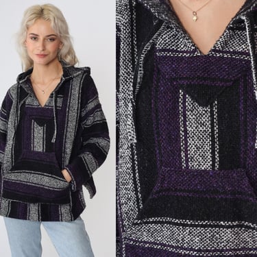 Baja Hoodie 90s Mexican Black White Purple Striped Drug Rug Sweatshirt Hippie Sweater Hooded Blanket Bohemian Kangaroo Pocket 1990s Small S 