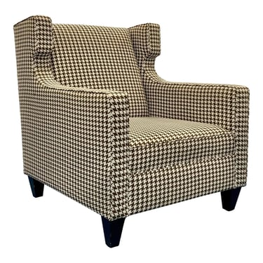 Modern Chocolate Brown and White Houndstooth Winged Club Chair