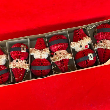 honeycomb Santa ornaments 1950s paper Christmas ornaments in box 