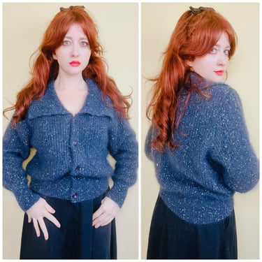 1980s Vintage Elboss Blue Marled Cardigan / 80s / Fuzzy Collared Button Up Knit Sweater / Size Large 