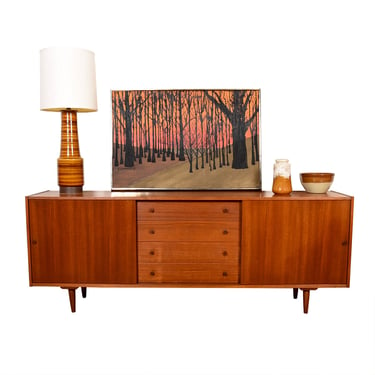 Long Danish Modern Teak Sliding Door Sideboard w. Central Drawers