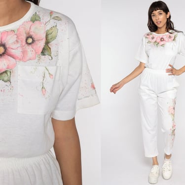 Floral Jumpsuit 80s Hand Painted White Pantsuit Pink Floral Print Vintage Romper 90s High Waisted Button Up Short Sleeve Extra Small XS 