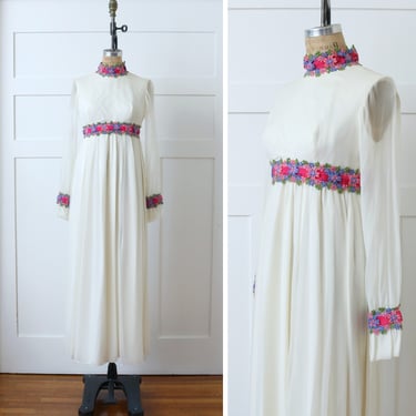 vintage 1970s white chiffon maxi dress • empire waist bright pink ribbon & floral embroidery gown 