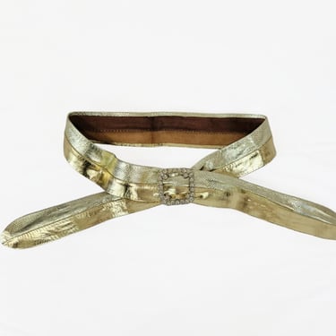 1960's Metallic Gold Leather Cinch Belt I Rhinestone Buckle 