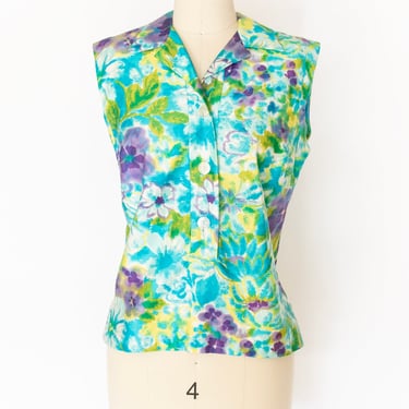 1960s Blouse Floral Cotton Sleeveless Top S 