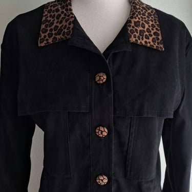 Vintage 1990's Nina Piccalino Black Faux Suede Tank Dress and Jacket Set Animal Print Edging 