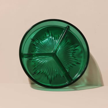 Vintage Emerald Green Glass Candy Dish, Divided Nut Dish, Snack Dish 