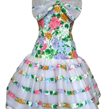 Vtg 80s Victor Costa Prom Party Dress S Women White Multicolor Floral Crinoline 