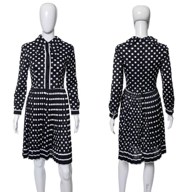 1970's Domani Black and White Polka Dot Long Sleeve Dress Size S
