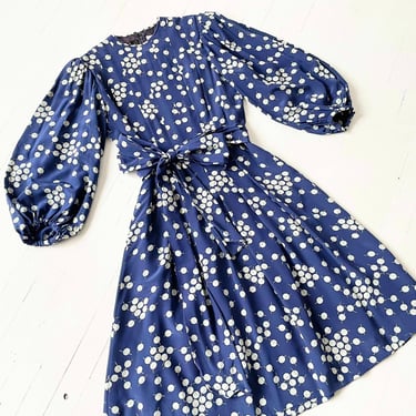 1970s Blue Printed Silk Dress with Balloon Sleeves 