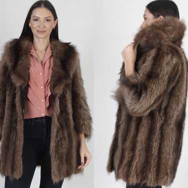 Luxe Shaggy Raccoon Fur Jacket, Plush Brown Shawl Collar, Womens Winter Stroller Coat 