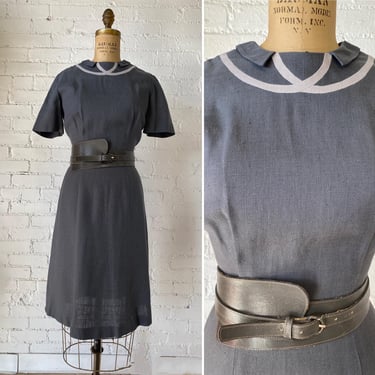 Vintage 1950s gray linen wiggle dress, trompe l'oeil neckline, size medium, classic 50s fashion, mid century, Doncaster moygashel 