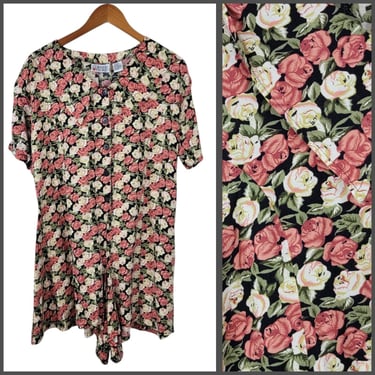 Vintage 90s Romper Plus 18 20 2X Jumpsuit Shorts Floral Cottagecore Pink Rose 