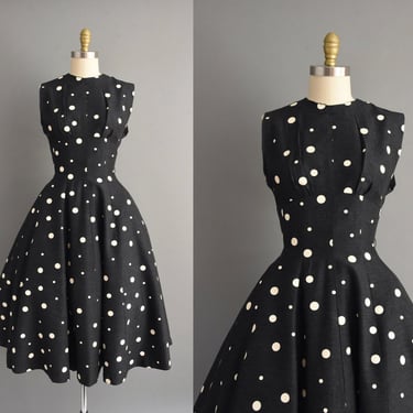 1950s dress | Gorgeous Charcoal Gray Polka Dot Full Skirt Dress | Medium | 50s vintage dress 