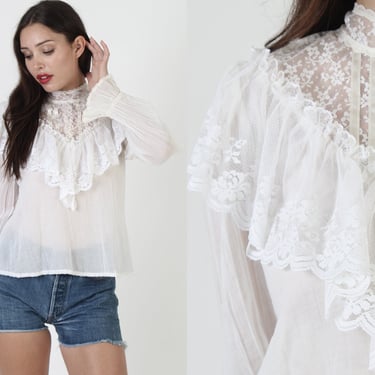 Ivory Lace Victorian Style Blouse, Vintage 70s See Through Antique Top, High Neck Plain Gauze Material, Large Billowy Poet Sleeves 