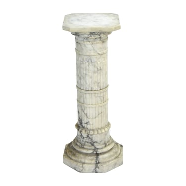 Antique Neoclassical Carved & Reeded Figured Marble Pedestal Sculpture Stand 