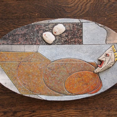 Original RICHARD M. LINCOLN Ceramic Plate, 8x15" Studio Pottery Platter Dish RML Abstract Shakespeare King Mid-Century Modern eames knoll 