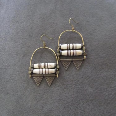 Chandelier earrings tribal white bone ethnic statement earrings, chunky bold earrings, African Afrocentric Nubian earrings, bronze 