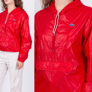 80s Alligator Lacoste Hooded Pullover Windbreaker - Unisex Medium  | Vintage Red Anorak Half Zip Lightweight Jacket 