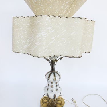 Midcentury Floral Ceramic and Brass Lamp with Original Curved Shade 