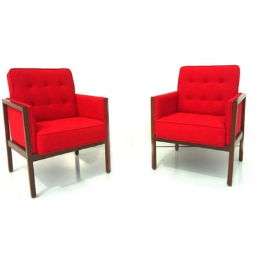 Mid century modern pair walnut red armchairs knoll style 