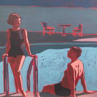 Pool #133 - Original Acrylic Painting on Canvas 20 x 20, woman, swimming, summer, michael van, retro, mcm, man, girl 