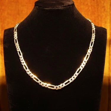 Vintage Italian Sterling Silver Figaro Chain Necklace, Solid 925 Chain, 7mm Bevel Edge Figaro Link Chain, Heavy Silver Chain, 20 1/4&quot; L 