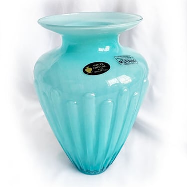 Vintage Blue MURANO White CRYSTAL Vase, Hand Made ITALY Art Glass Amphora Ribbed Bowl, Small, 8" Tall Light Ocean Aqua Blue Table Decor 