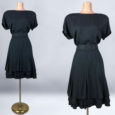 VINTAGE 80s Black Rayon Belted Ruffle Sweep Dress by B.G.B. ltd. Size 8 | 1980s Flirty Avant-Garde Party Dress | vfg 