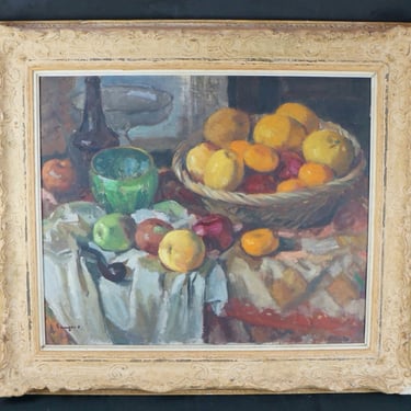 Antique Japan oil painting still nature on canvas 1900s Sangoro 