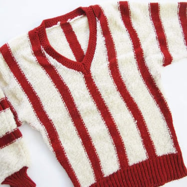 Vintage 60s Striped Wool Sweater XS S - Burgundy Red Cream  Boucle Textured Pullover Jumper Academia Prep Knitted Sweater Grunge 