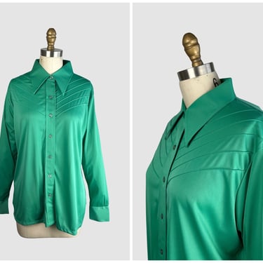 MARTINI Vintage 70s Deadstock Green Jersey Knit Polyester Disco Shirt | 1970s Dead Stock, New Old Fitted Blouse Top | X-Large 