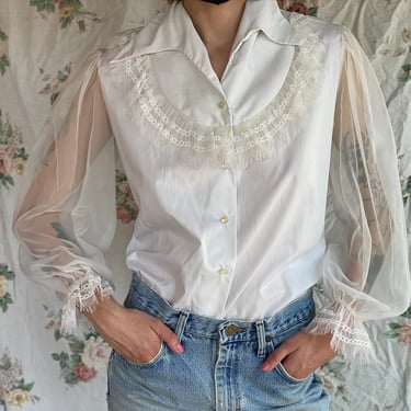 70's Puffed Sleeve Lace Blouse / Frilly Yoke Cotton Shirt / 1970's White Sheer Puffed Sleeves Cottagecore Blouse / Button Up Collar blouse 