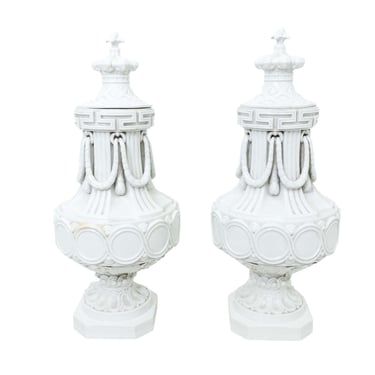 A Pair of Antique Continental White Ceramic Urns