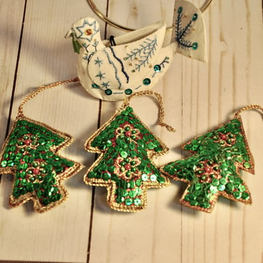 Set of 4 Beautiful Sequin Handmade Christmas Ornaments Three Trees and One Bird Christmas Ornaments Silvestri New Old Stock Decor or Gift 