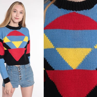 80s Cropped Sweater Color Block Sweater Red Blue Geometric Knit Sweater Pullover Jumper 1980s Vintage Triangle Sweater Small S 