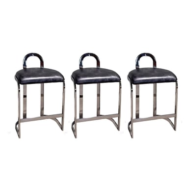 Set 3 Pierre Cardin Chrome and Leather Bar/Counter Stools, Italy 1970